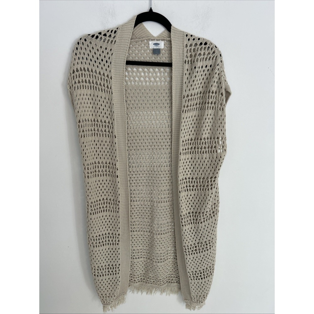 Old Navy M Sleeveless Open Knit Long Fringe Hem Beige Cardigan Sweater Boho